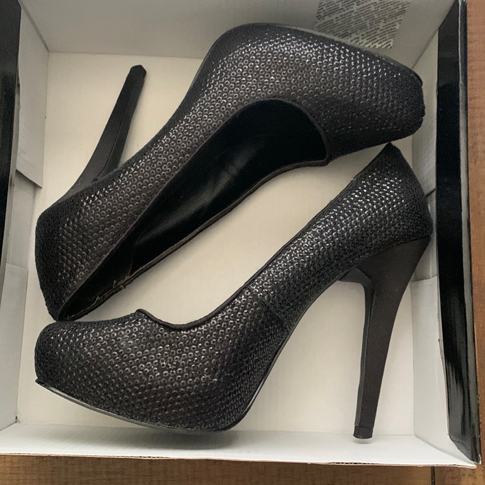 Express black sequin heels